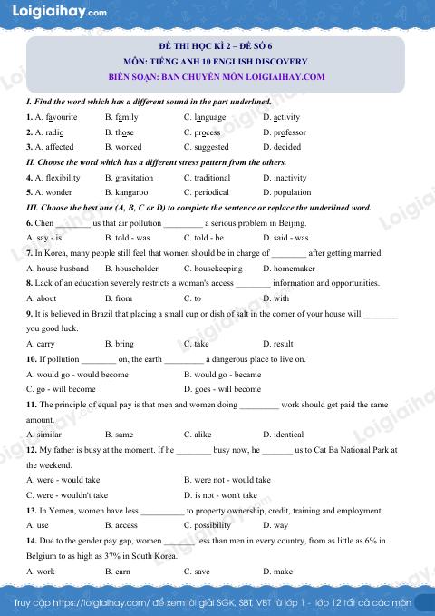 Đề thi học kì 2 Tiếng Anh 10 English Discovery - Đề số 6